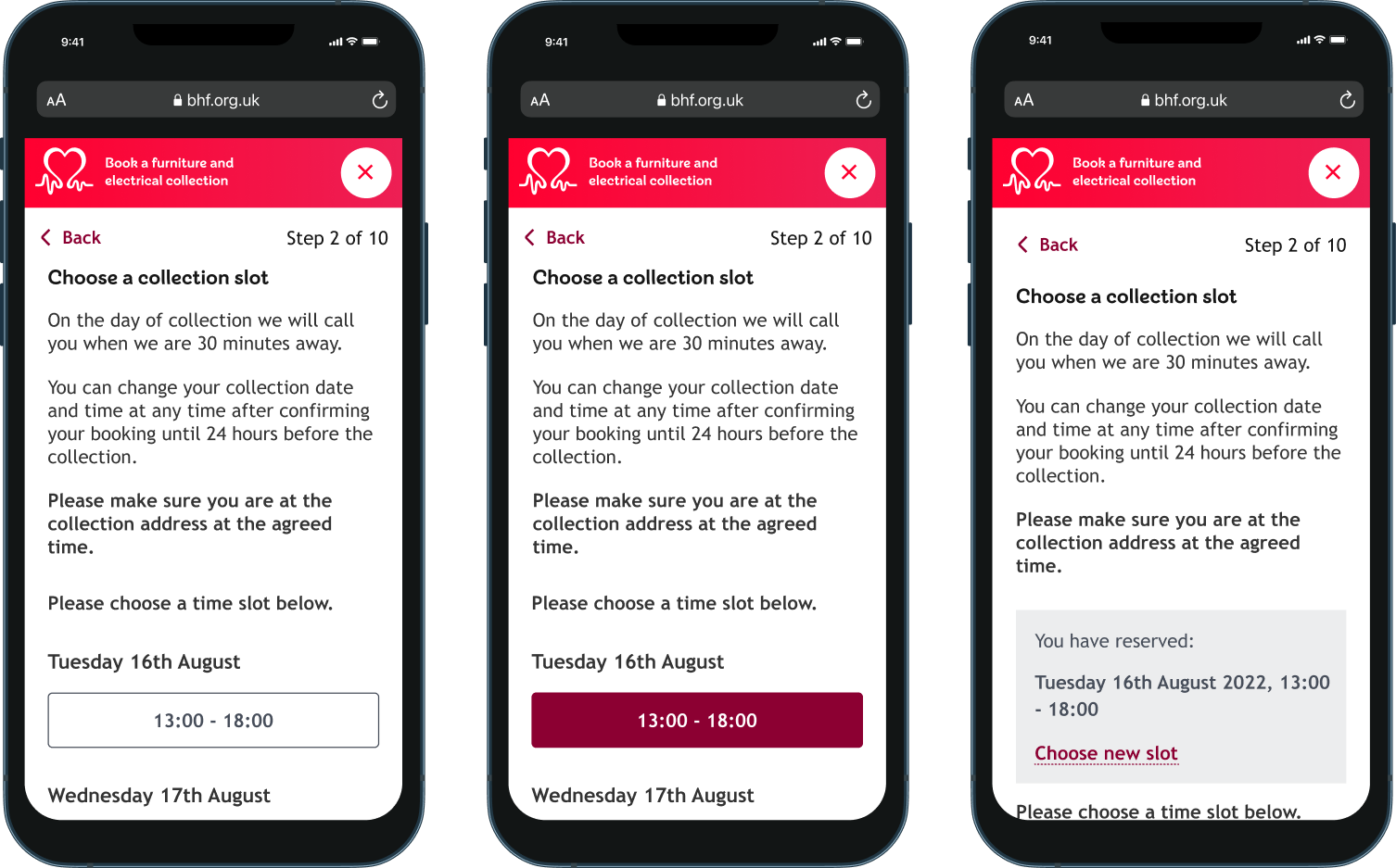 This image shows the final designs of a slot booking function that allows users to select a date and time for their donations to be collected.