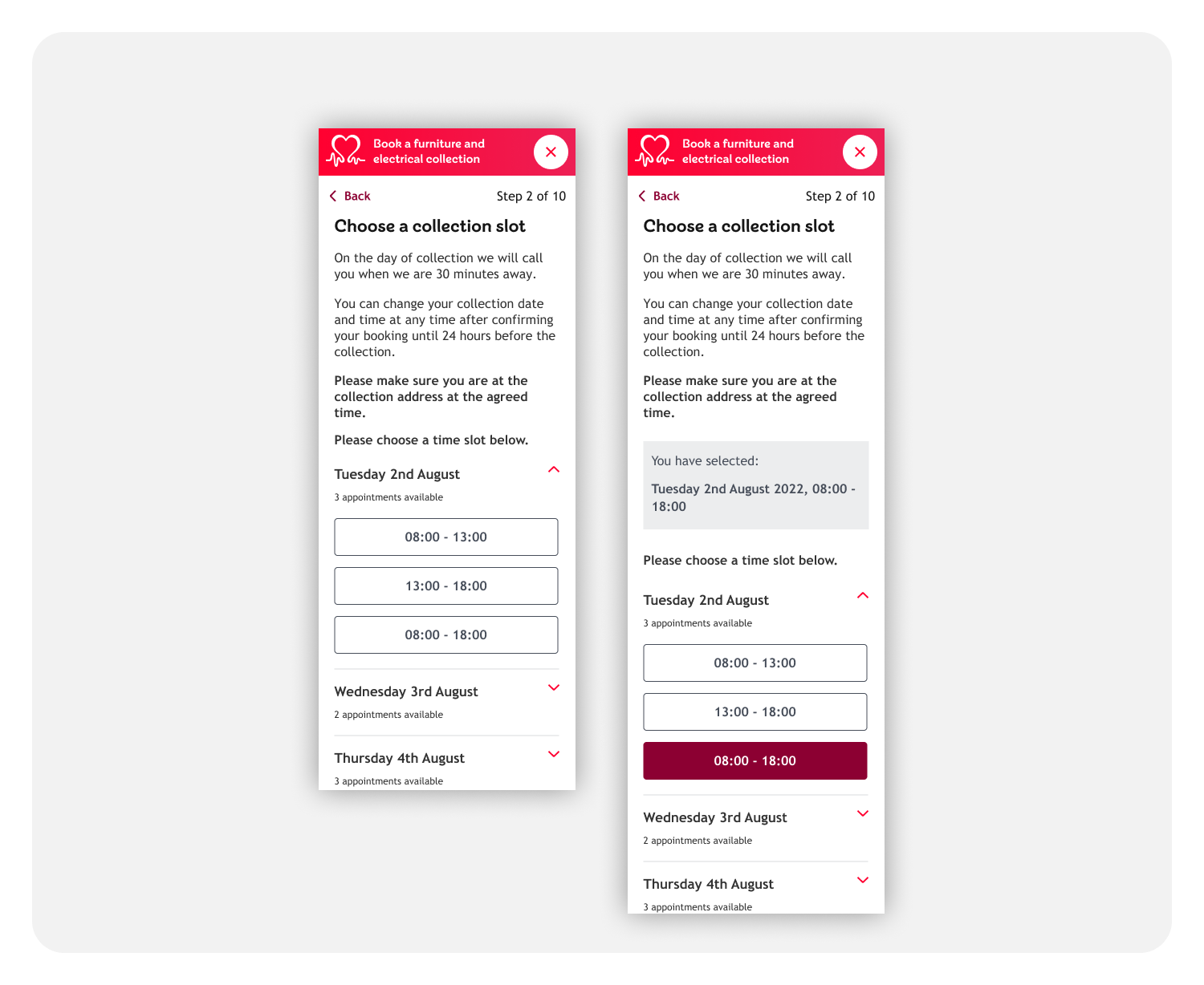 First iteration of screen designs for slot booking function with accordions to choose time slots.