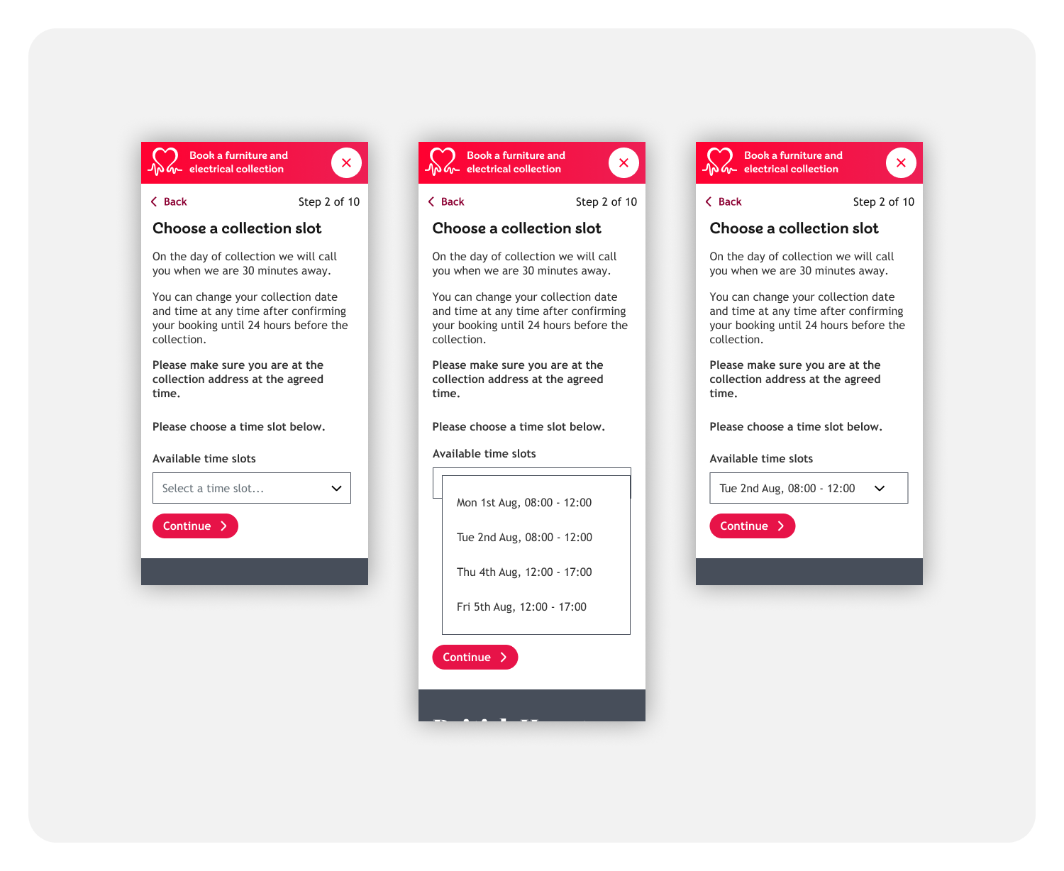 First iteration of screen designs for slot booking function with a dropdown menu to choose time slots.